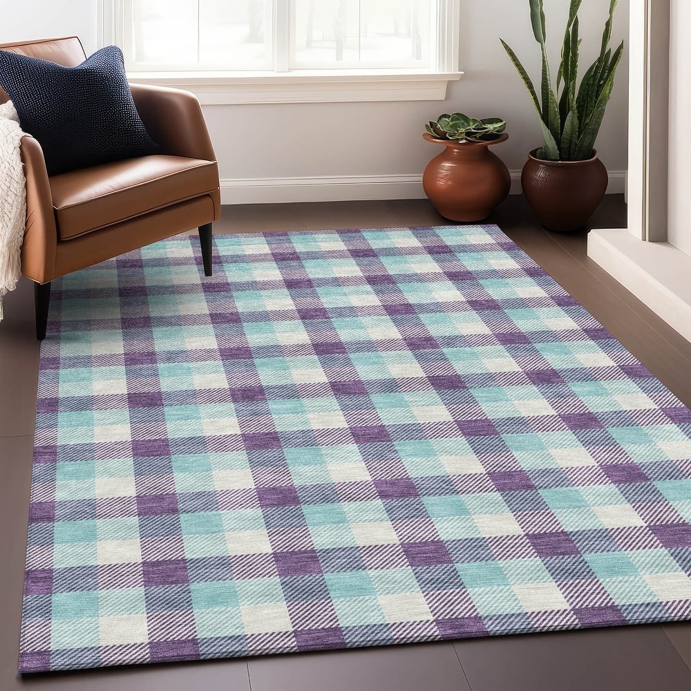 Machine Washable Indoor/ Outdoor Plaid Chantille Rug