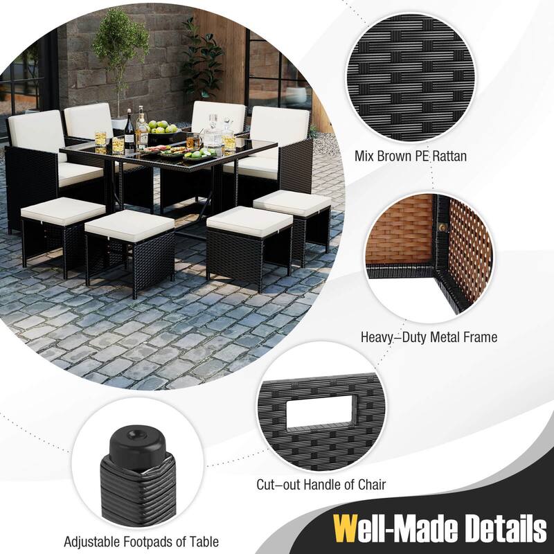 9 PCS Outdoor Dining Set Wicker Patio Chairs w/ Removable Cushions