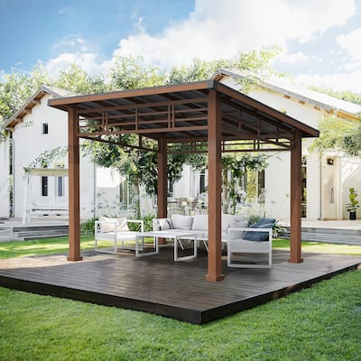 Patio Wood 10x12 Hardtop Pergola Metal Roof Gazebo with Curtains For Garden