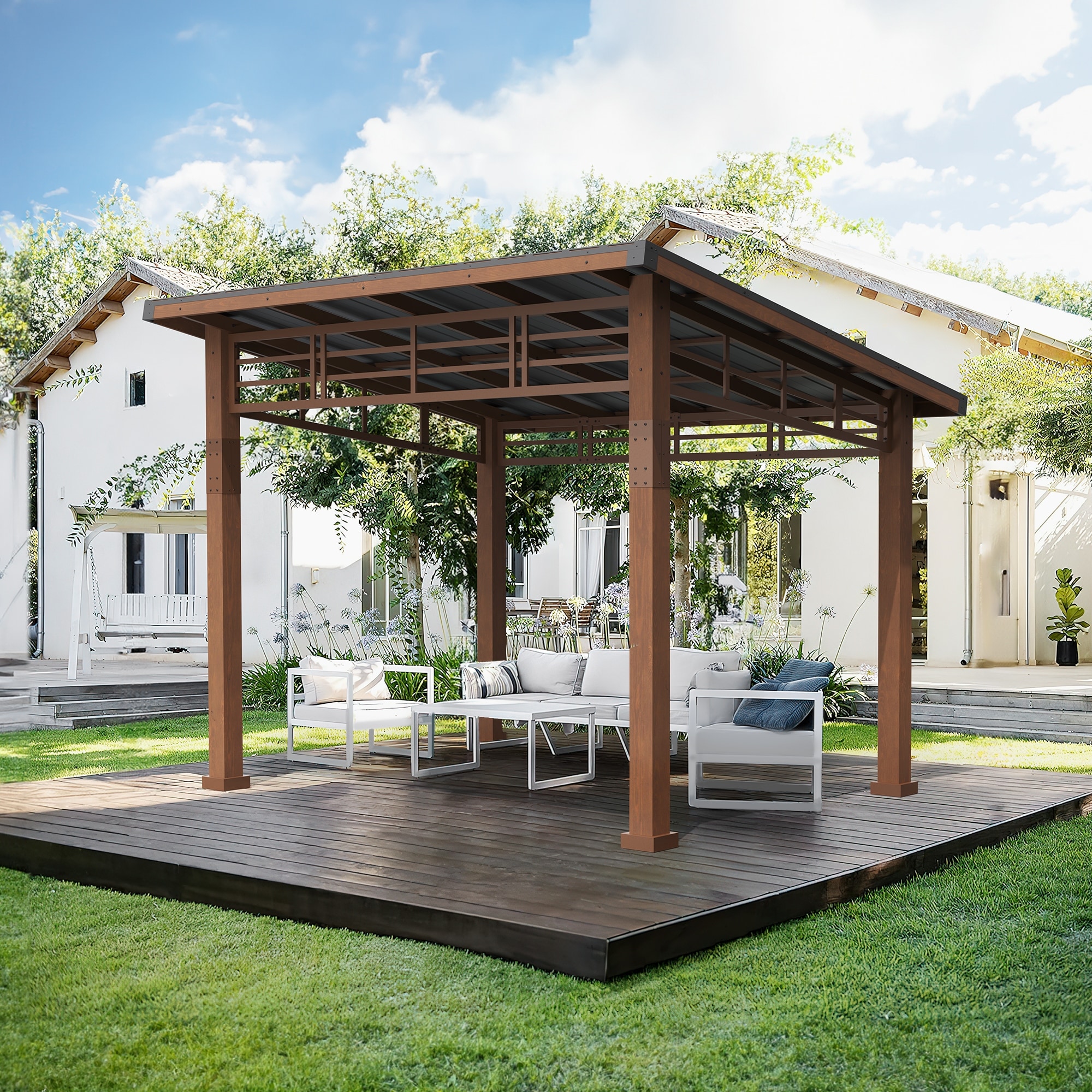Patio Wooden 10x12 Hardtop Pergola Metal Roof Gazebo with Curtain For Garden