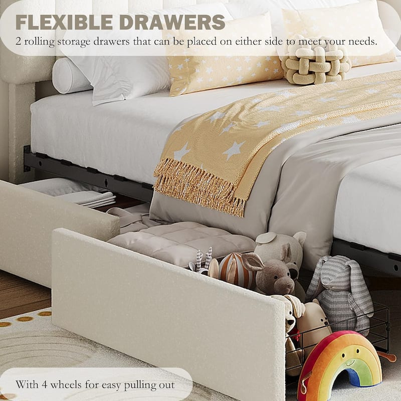 Bed Frame with 2 Drawers, Boucle Upholstered