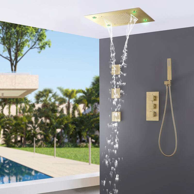 Rbrohant Thermostatic LED Waterfall Shower Faucet System Massage Jets
