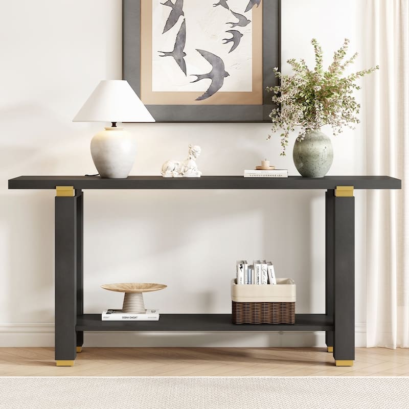 Solid Wood Entryway Sofa Table with Metal Accents - Black