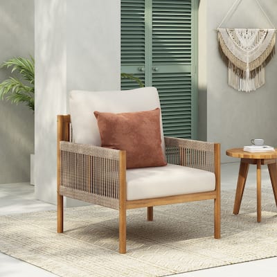 Modern Outdoor Armchair, Patio Woven Lounge Chair with Solid Wood Frame, Cushions, Poolside Side Chair Balcony Accent Chair