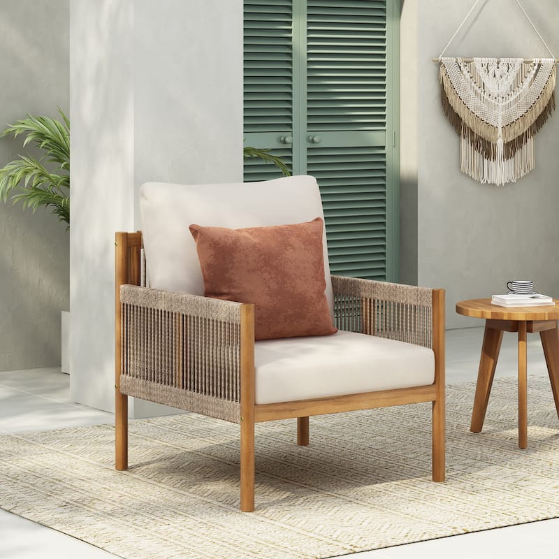 Modern Outdoor Woven Lounge Chair with Solid Wood Frame and Comfortable Polyester Cushions - Teak