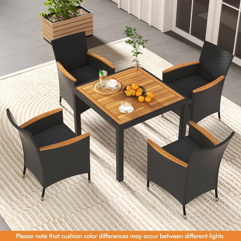 5-Piece Outdoor Patio Furniture Set with PE Rattan Chairs and Acacia Wood Table Included Cushions - Table: 36" x 36" x 29.5"