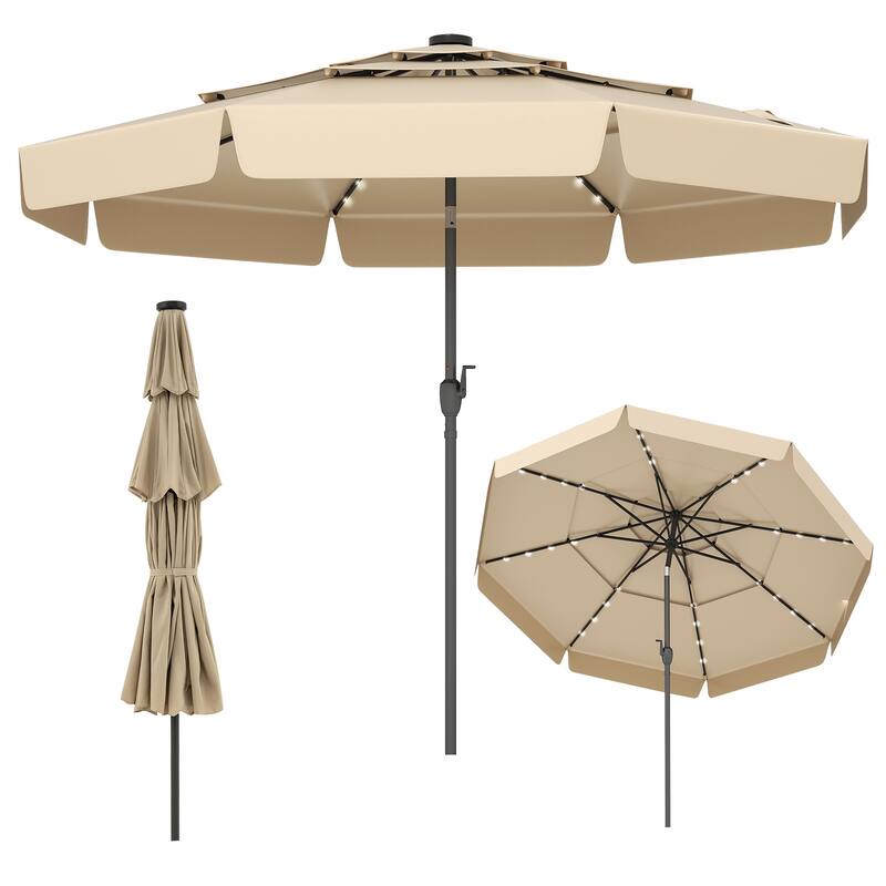 10FT Polyester Patio Umbrella with Solar Lights and Tilt Crank 3-Tier Vented Shade for Backyard