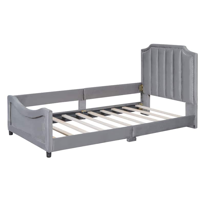 Twin Size Upholstered Daybed with Classic Stripe Shaped Headboard