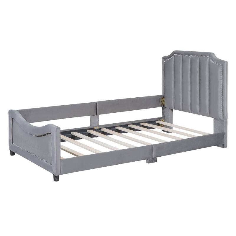 Twin Size Upholstered Daybed with Classic Stripe Shaped Headboard Bed