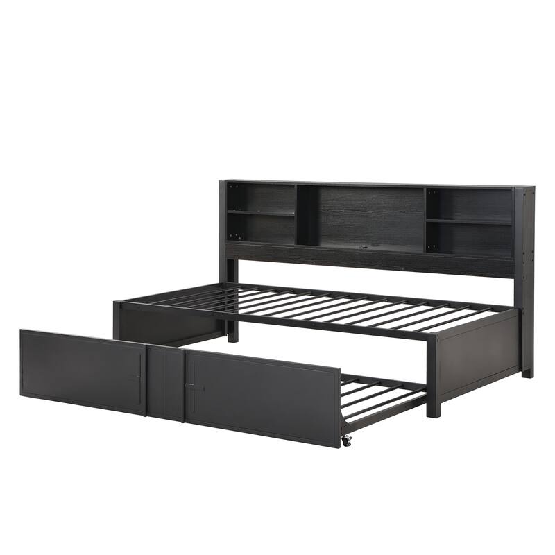 Black Metal Twin Daybed with Trundle, Storage Shelves, and USB Ports - No Box Spring Needed
