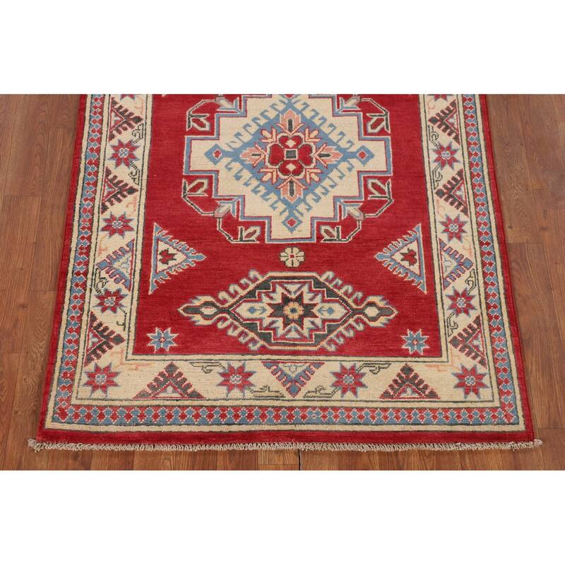 Geometric Red Kazak Accent Rug Hand-Knotted Wool Carpet - 3'4" x 4'9"