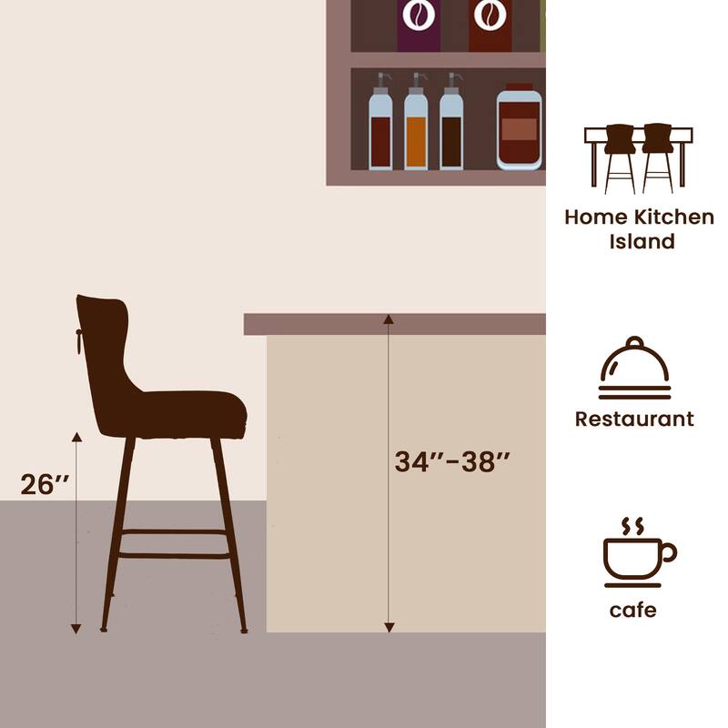 Bar Stools Set of 2, Velvet Counter Height Bar Stools with Metal Legs, Button Tufted and Nailheads Trim, Gray