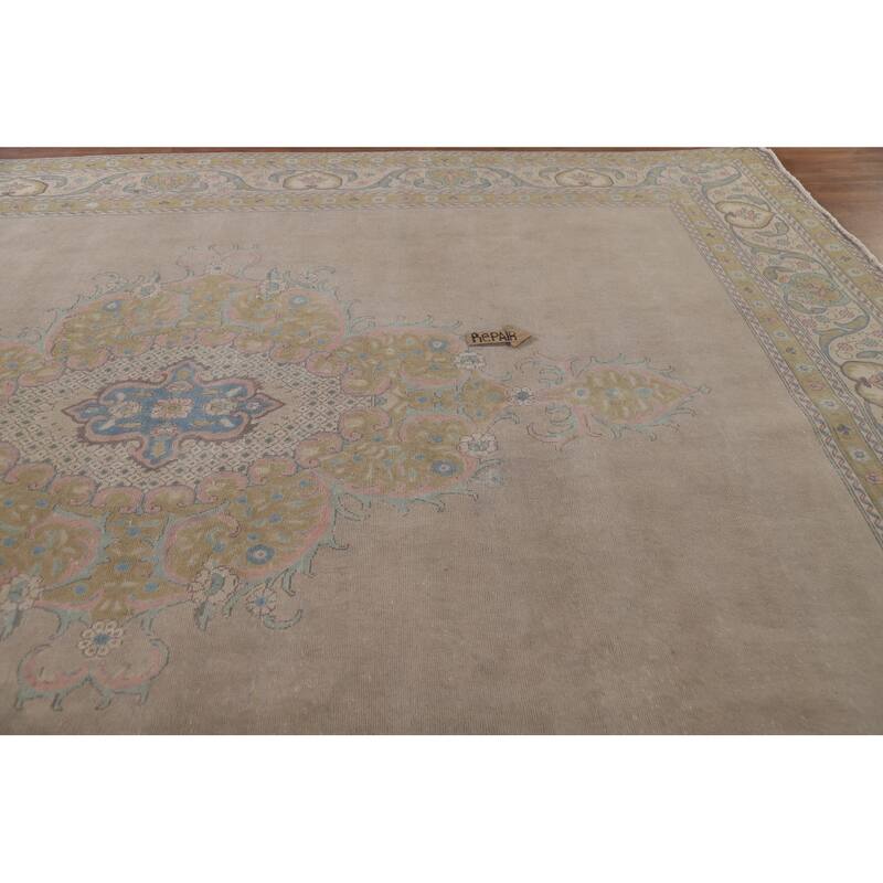 Hand Knotted Oriental 100% Wool Carpet Traditional Medallion Beige & Ivories Tabriz Area Rug - 12' 8'' X 9' 6''