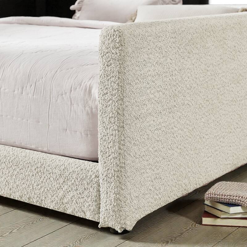 Full Size Upholstered Platform Bed with Rabbit Ear Headboard, Boucle Fabric Kids Bed with Safety Rail and Pocket