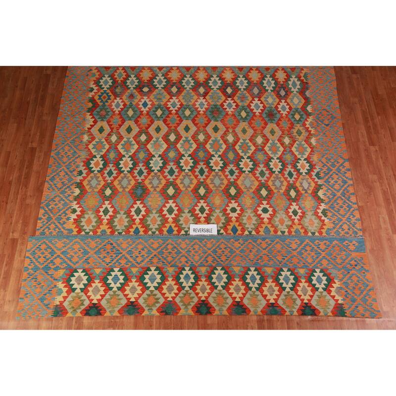 Reversible Kilim Oriental Rug Hand-Woven Tribal Reversible Wool Carpet - 10'0"x 12'10"
