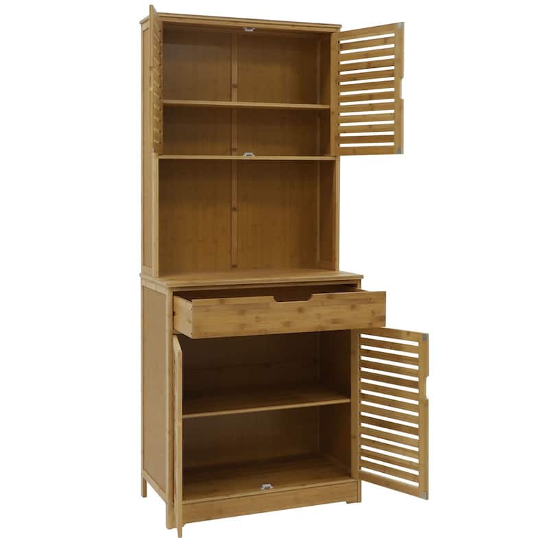 VEIKOUS 72'' Magnetic Door Stopper Hollow-Carved Bamboo Door Kitchen Storage Cabinet with Drawer Worktop, Removable Bamboo Shelf