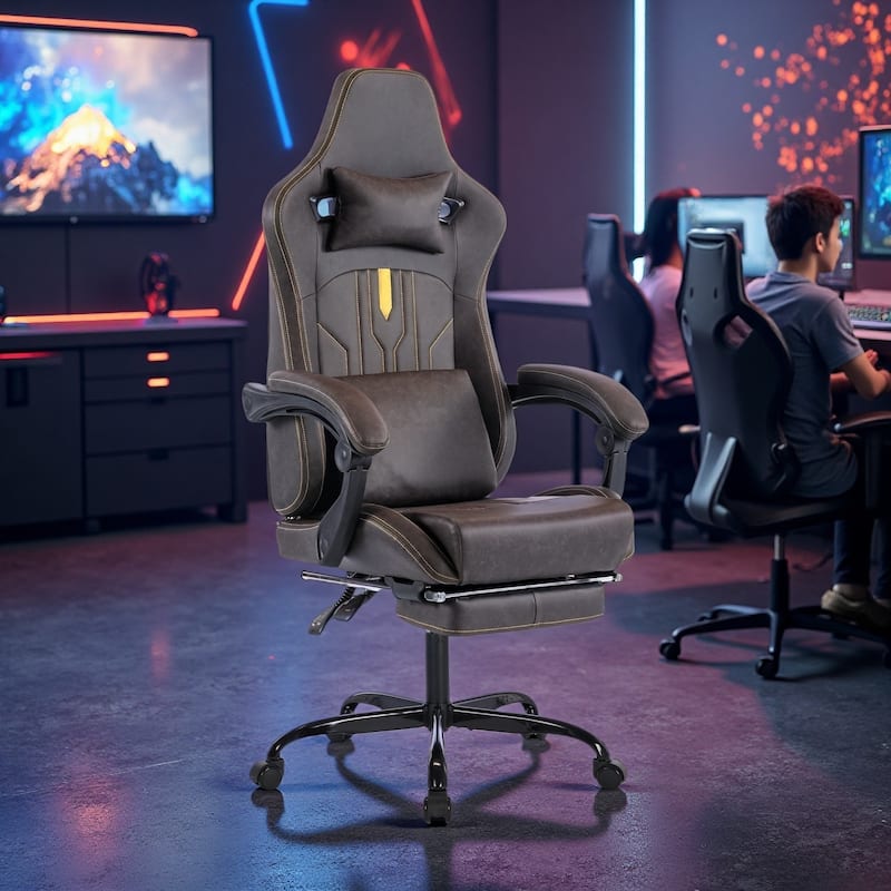 PU Leather Gaming Chair with Massage Lumbar Support, Footrest and Linkage Armrests - Brown