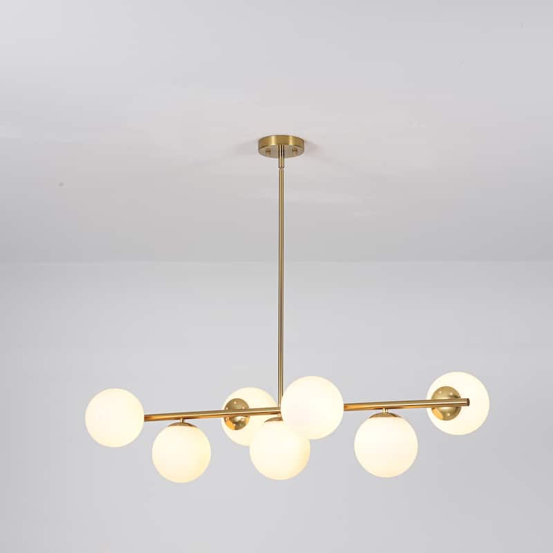 7-Light Mid-Century Modern Gold/Black Sputnik Metal Island Lights with Opal Glass Globe Shades for Kitchen/Dining Room