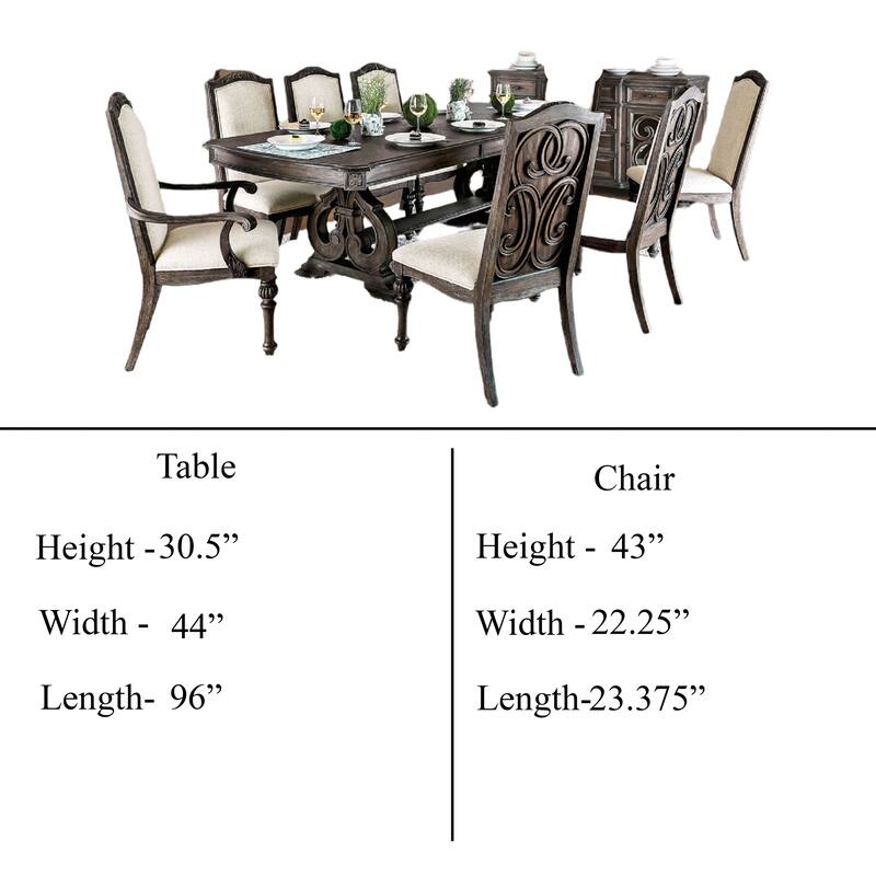 Arca 9pc Dining Table Set with 8 Ivory Fabric Chair, Rustic Solid Wood