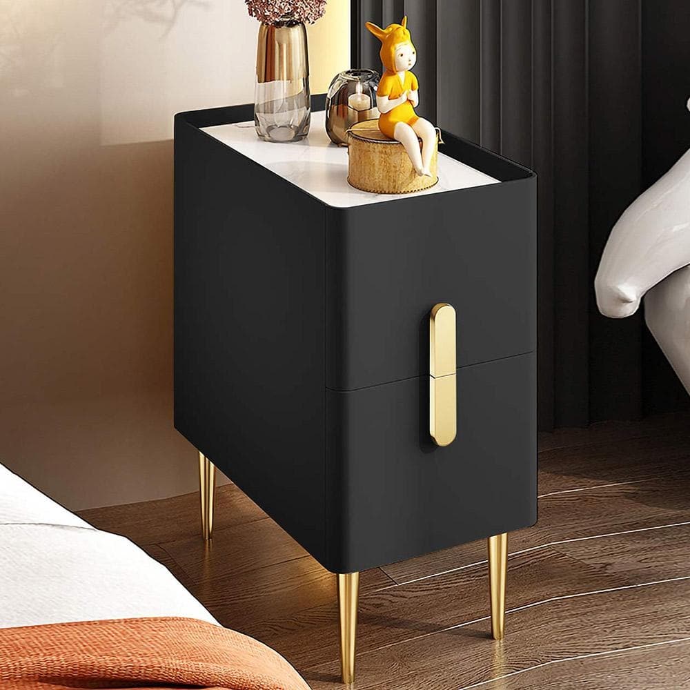 Narrow Nightstand with 2 Drawers, Small Nightstand with Stone Tabletop, PU Leather