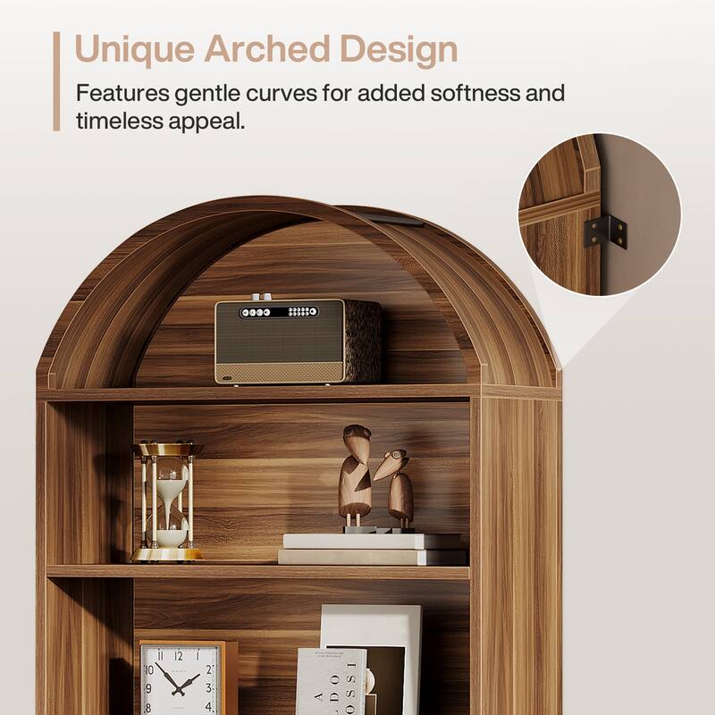 5-Tier White Arched Bookshelf with File Cabinet Drawer, 76.8" Tall Freestanding Wooden Bookcase