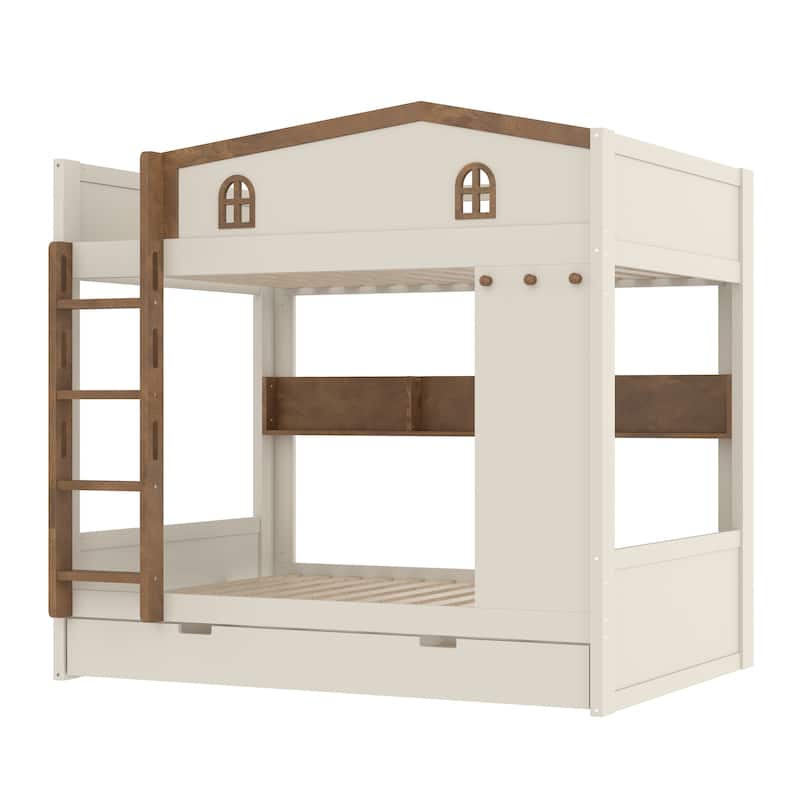 Queen over Queen Bunk Bed with Trundle, Shelves and Hooks