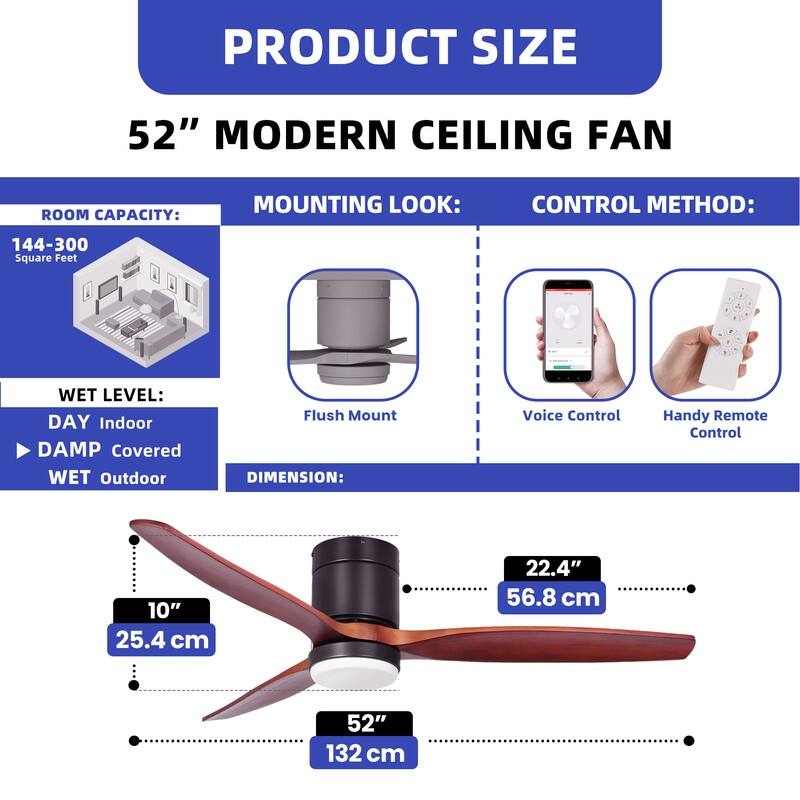 Moasis 52 Inch Flush Mount Ceiling Fan with Light and Remote Control,Low Profile Smart Ceiling Fan