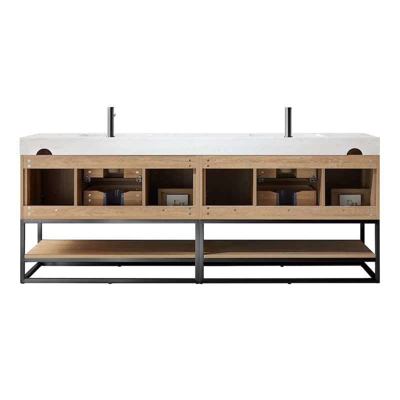 Alistair 84" Double Vanity with White Grain Stone Top and Mirror - 84" x 22"