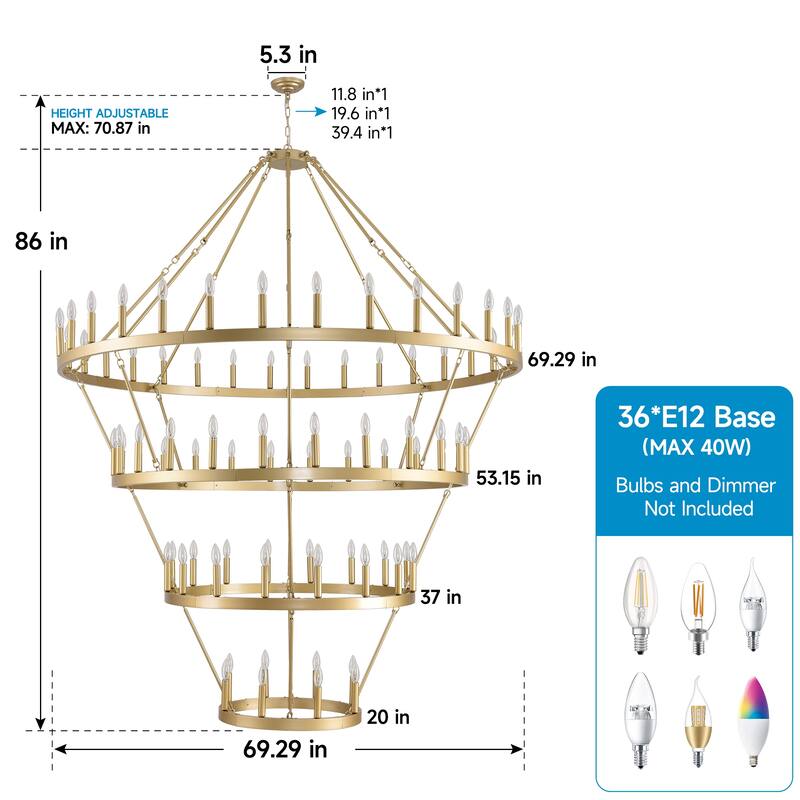 70.87INCH Tiers Wagon Wheel Chandelier Farmhouse 60-Light, Gold Color Metal 4-Story Light Fixtures Adjustable Height E12