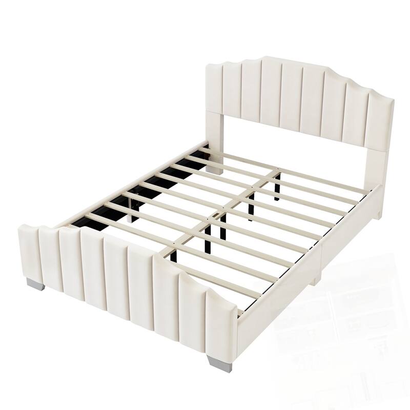 Velvet Upholstered Platform Bed Vertical Channel Tufted Headboard
