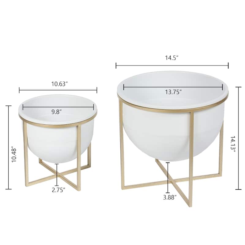 White Metal Cachepot Planters with Gold Metal Stands (Set of 2)