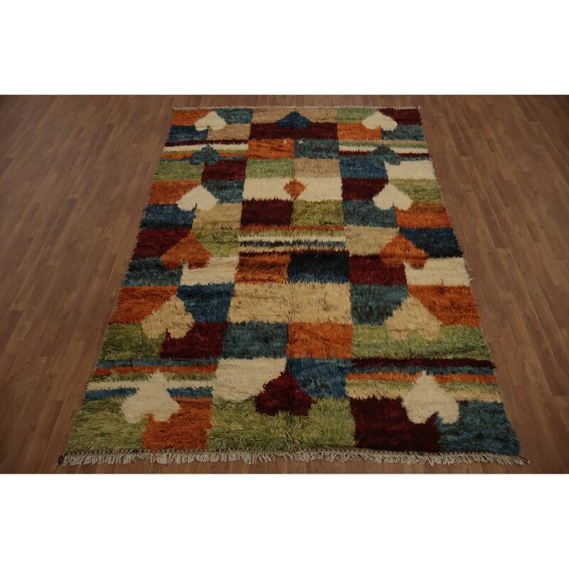 Hand Knotted Oriental 100% Wool Carpet Modern Geometric Multi-Colored Moroccan Area Rug - 9' 11'' X 6' 7''