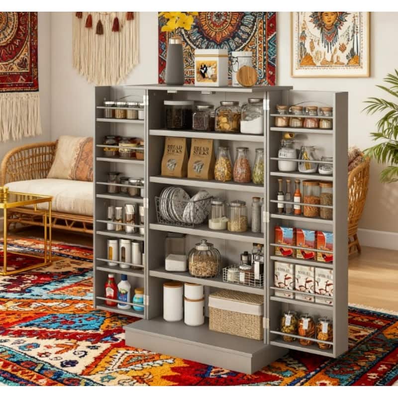 5-Tier Adjustable Storage Pantry Cabinet with Door Shelves and Double Doors - Grey