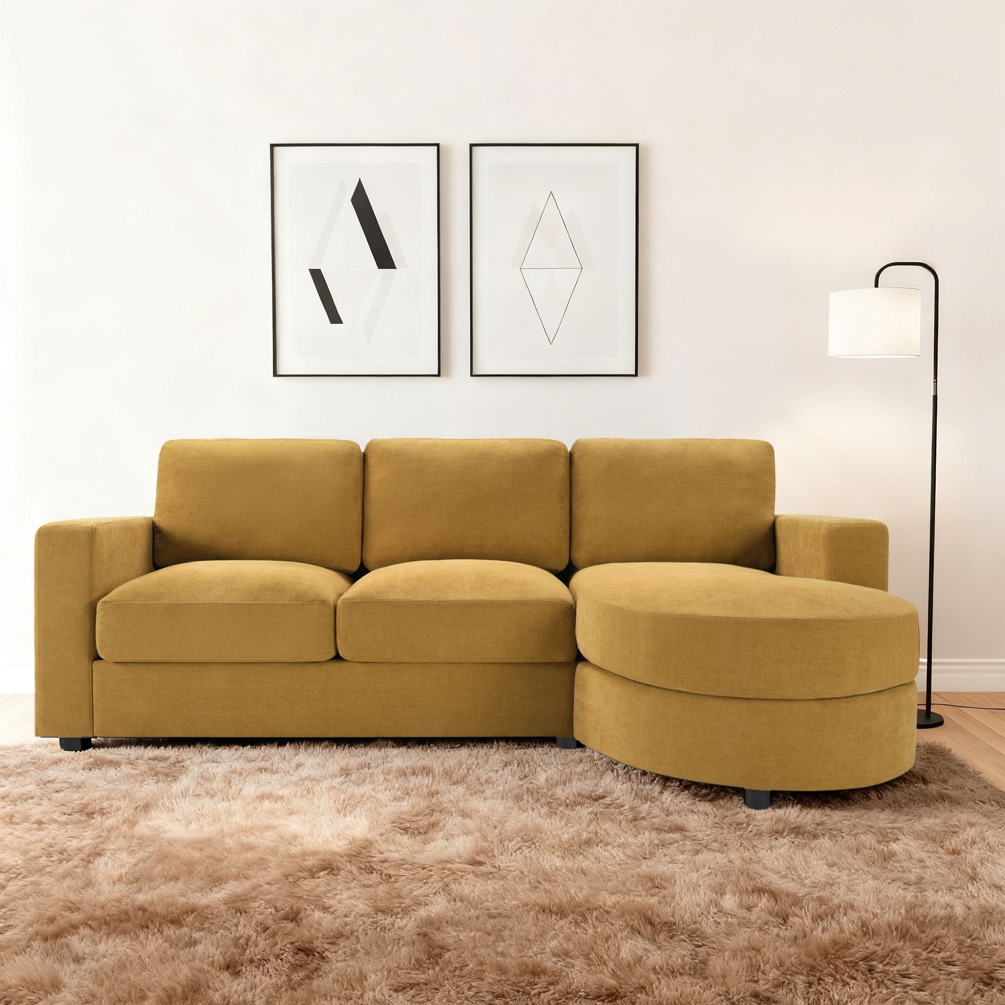 Modern L-shaped Chenille Fabric Upholstered Sectional Sofa with Storage Pockets and USB Charging Ports