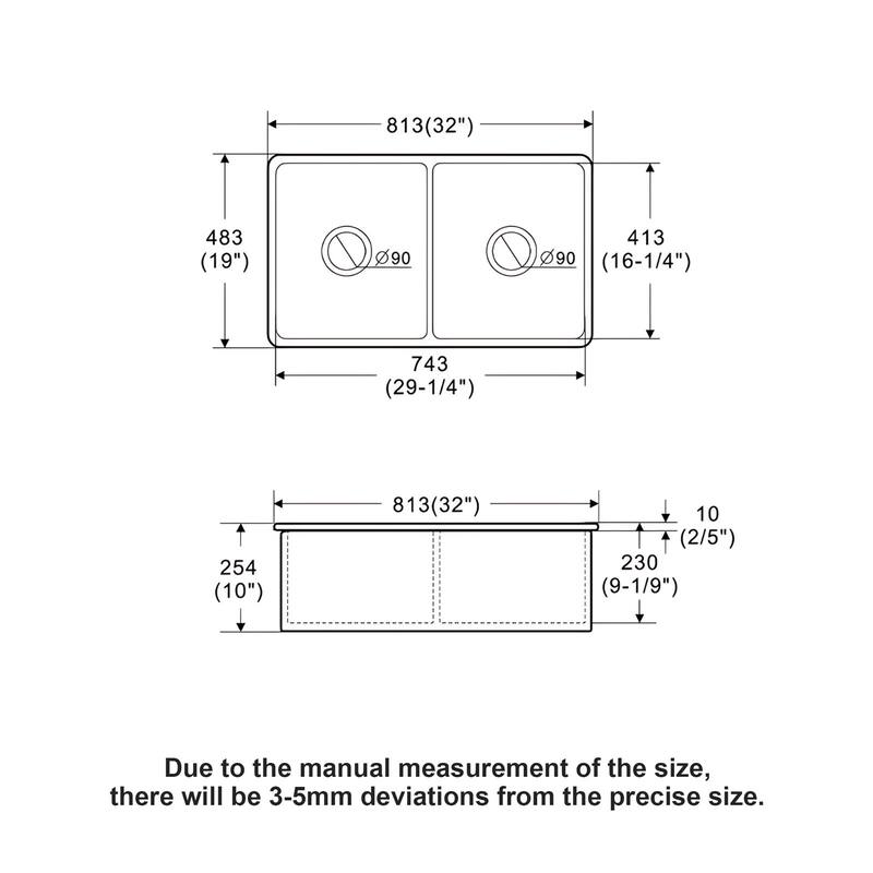32 Inch Undermount Double Bowl Ceramic Kitchen Sink in White - 32'' x 19'' x 10''