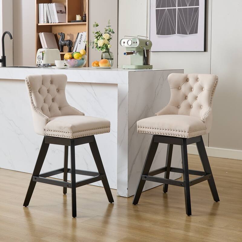 Swivel Bar Stools Set of 2, Velvet Counter Height Barstools with Wooden Legs, Kitchen Island Chairs with Button Backrest