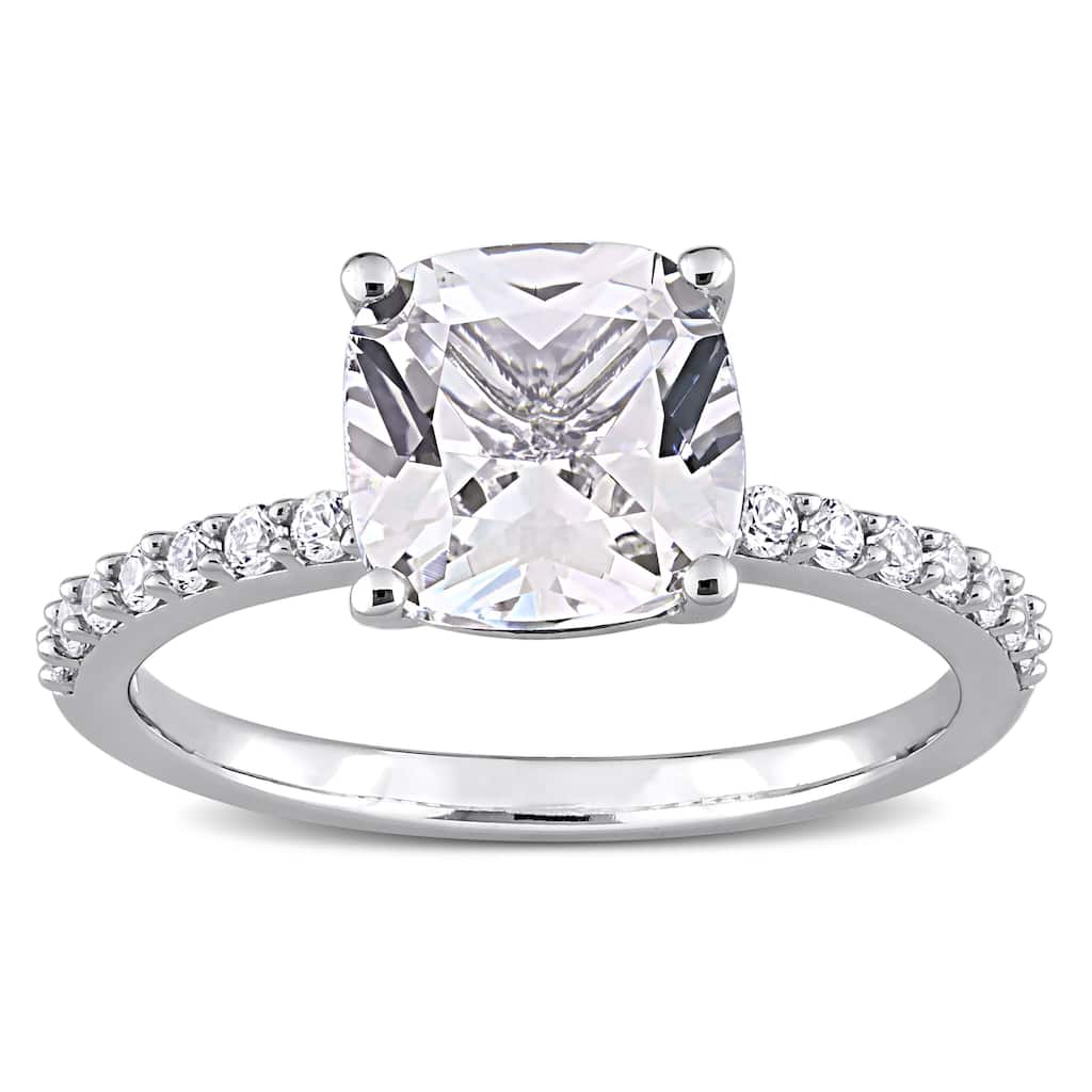 Miadora Cushion-cut Created White Sapphire Engagement Ring in 10k White Gold