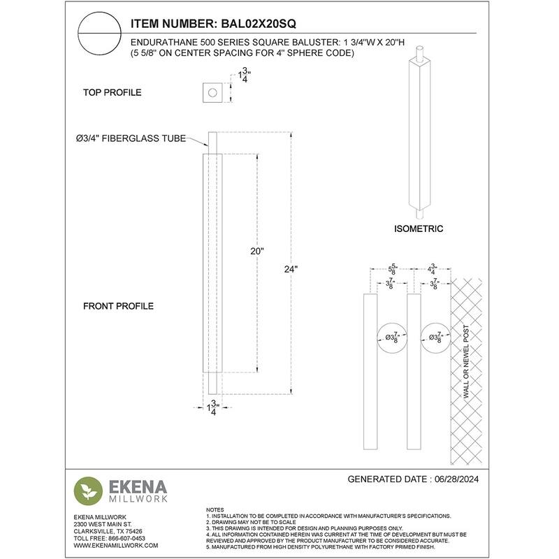 Endurathane 500 Series Square Baluster, Factory Primed Polyurethane