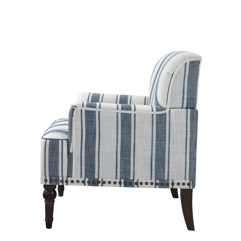 Stripe Linen Accent Arm Chair with Nailhead Trim and Wood Legs