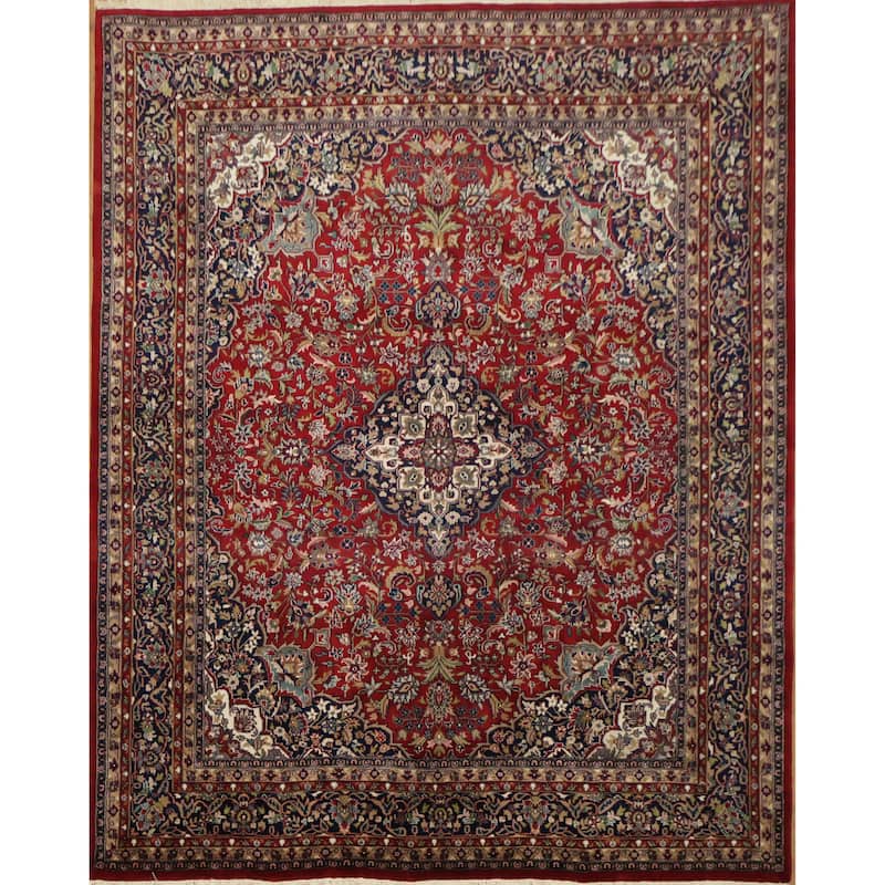Hand Knotted Oriental 100% Wool Carpet Traditional Traditional Red Kashan Area Rug - 9' 11'' X 7' 11''