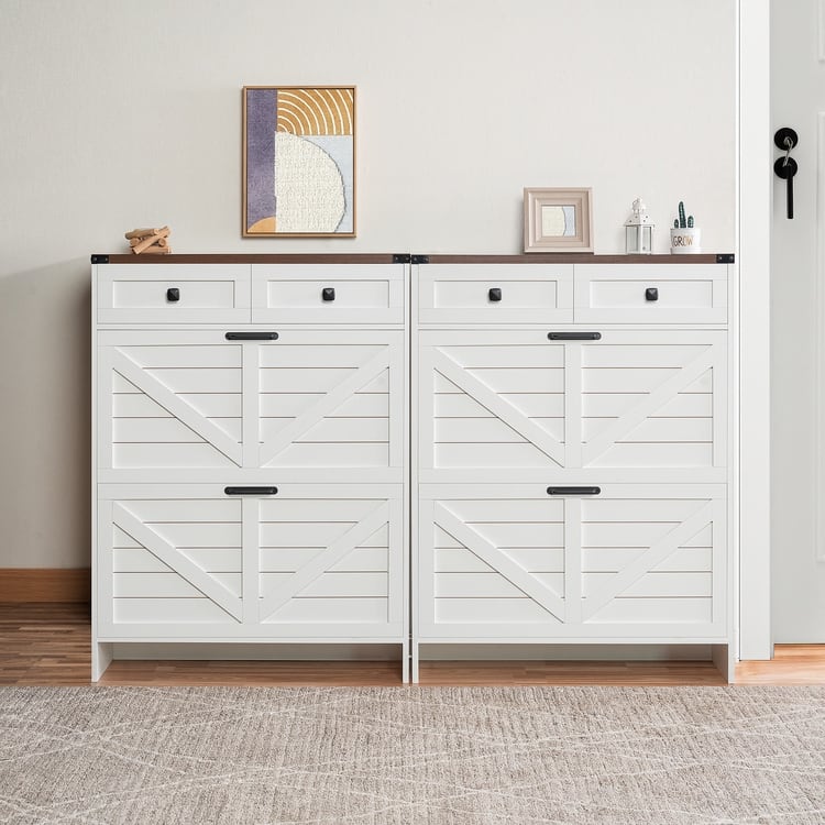 Farmhouse Shoe Cabinet with 2 Flip Drawers and 2 Storage Drawers – Slim Entryway Shoe Storage Cabinet, Narrow Shoe Organizer