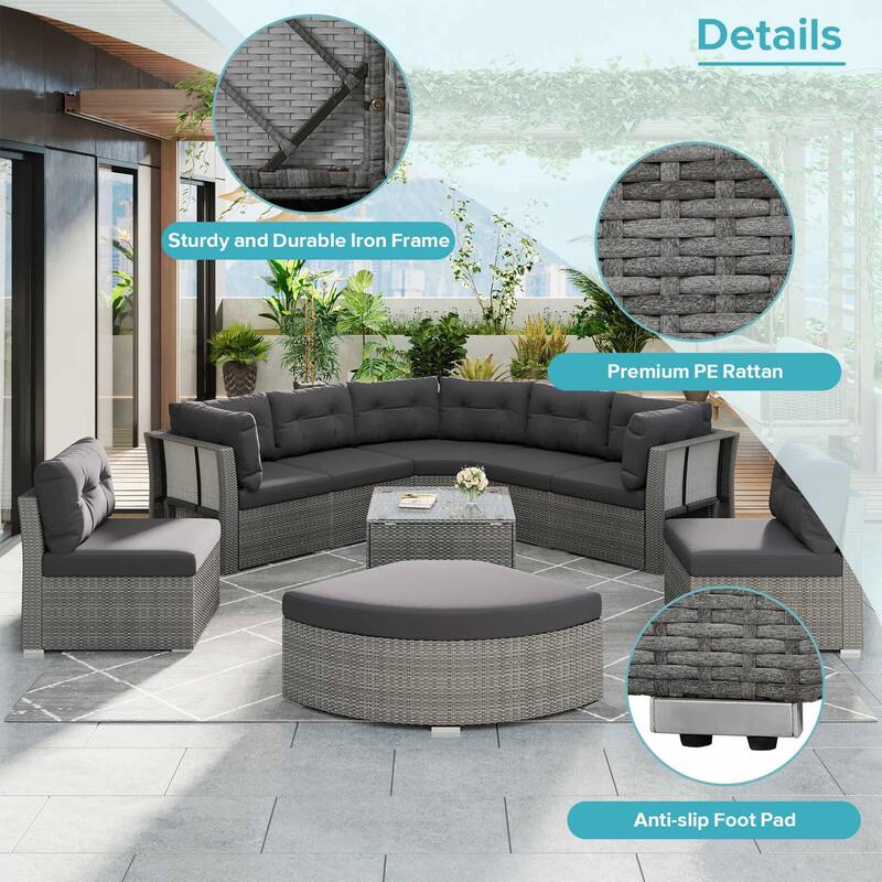Outdoor Wicker Curved Daybed Sectional Sofa Set with Storage Table