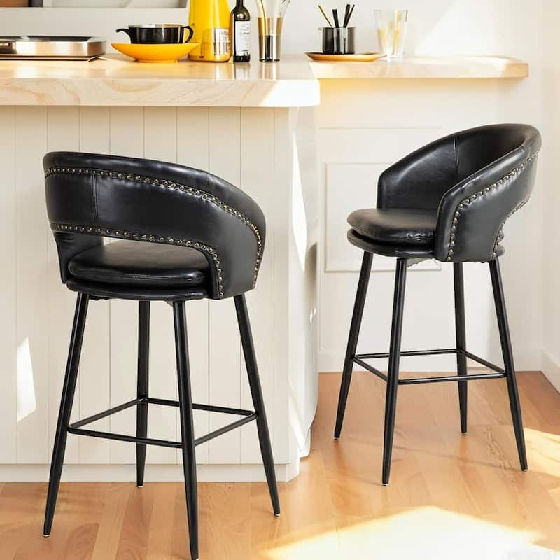Glitzhome Set of 2 Mid-Century Modern 40.5"H Faux Leather Bar Stools with Nailhead Trim - Set of 2 - Black