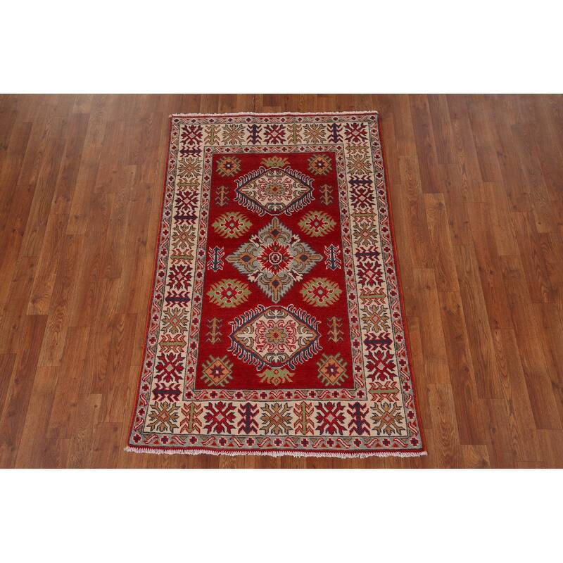 Red Kazak Oriental Accent Rug Handmade Traditional Wool Carpet - 3'2" x 4'10"
