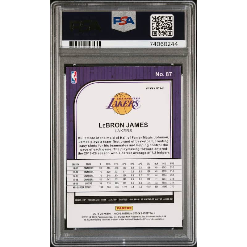 LeBron James 2019 Panini Hoops Premium Stock Purple Disco Card #87 Graded PSA 10 - 8'6" x 11'6"