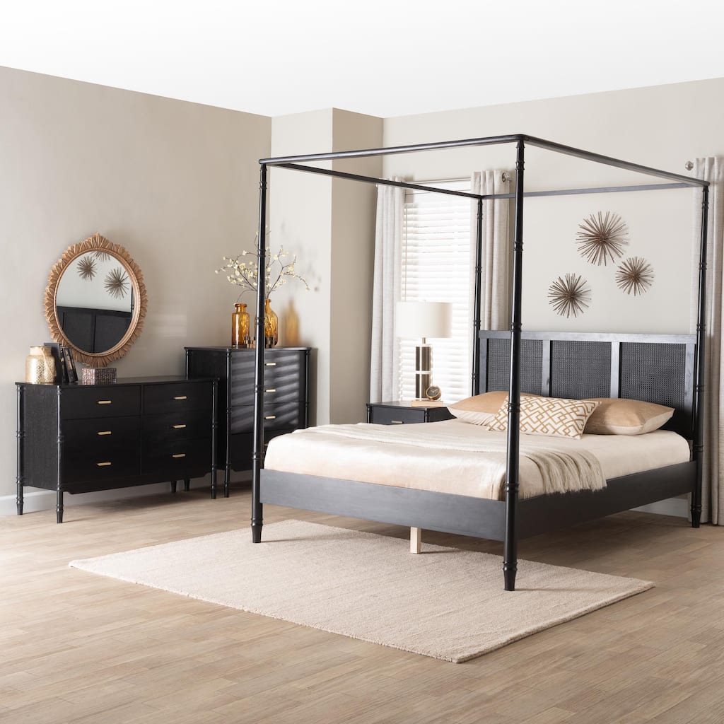 Marisela 4-Piece Black Bedroom Set - Canopy Bed with Synthetic Rattan Headboard, Matching Dresser, Chest, and Nightstand