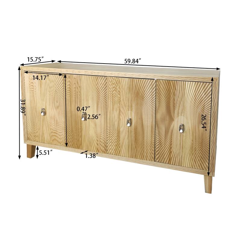 Vintage 4 Door Storage Cabinet, Carved Scatter Pattern Dining Sideboard, Large Buffet with Adjustable Shelves