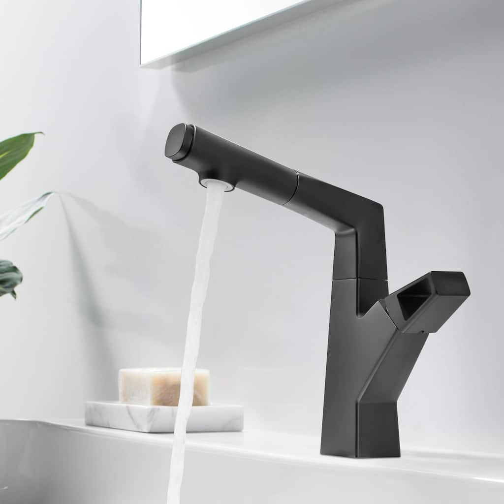 3-Way Swivel Bathroom Sink Pull Out Faucet Single Hole with Hand Spray in Black / Gold