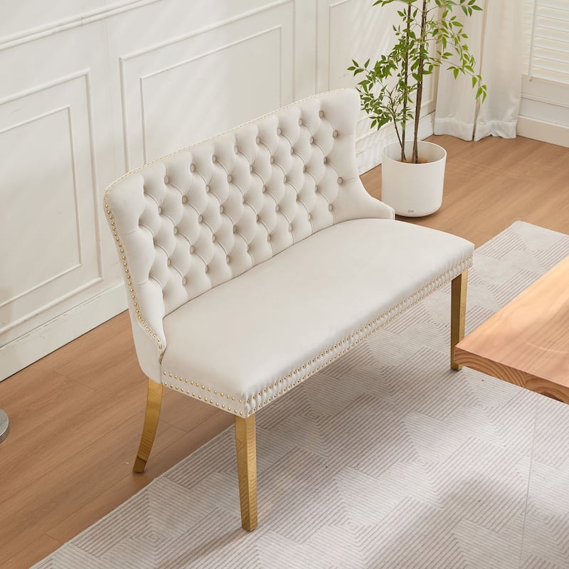 Velvet Double Dining Loveseat Bench, 2-Seat Tufted Bench w/Handmade Buttons, Wing Back, Gold-Plated Steel Legs, Single Pack