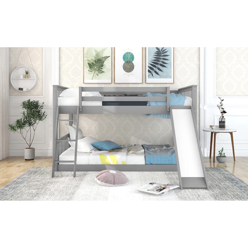 Convertible Full over Full Bunk Bed with Slide and Ladder, Gray